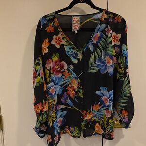 Johnny Was Black Blouse with Colorful Floral Design Sheer